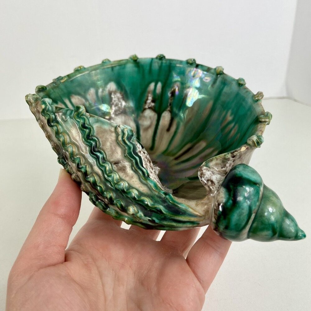 Vtg Italy Trinket Dish Catch All Seashell Jade Green Painted Speckled MCM Signed